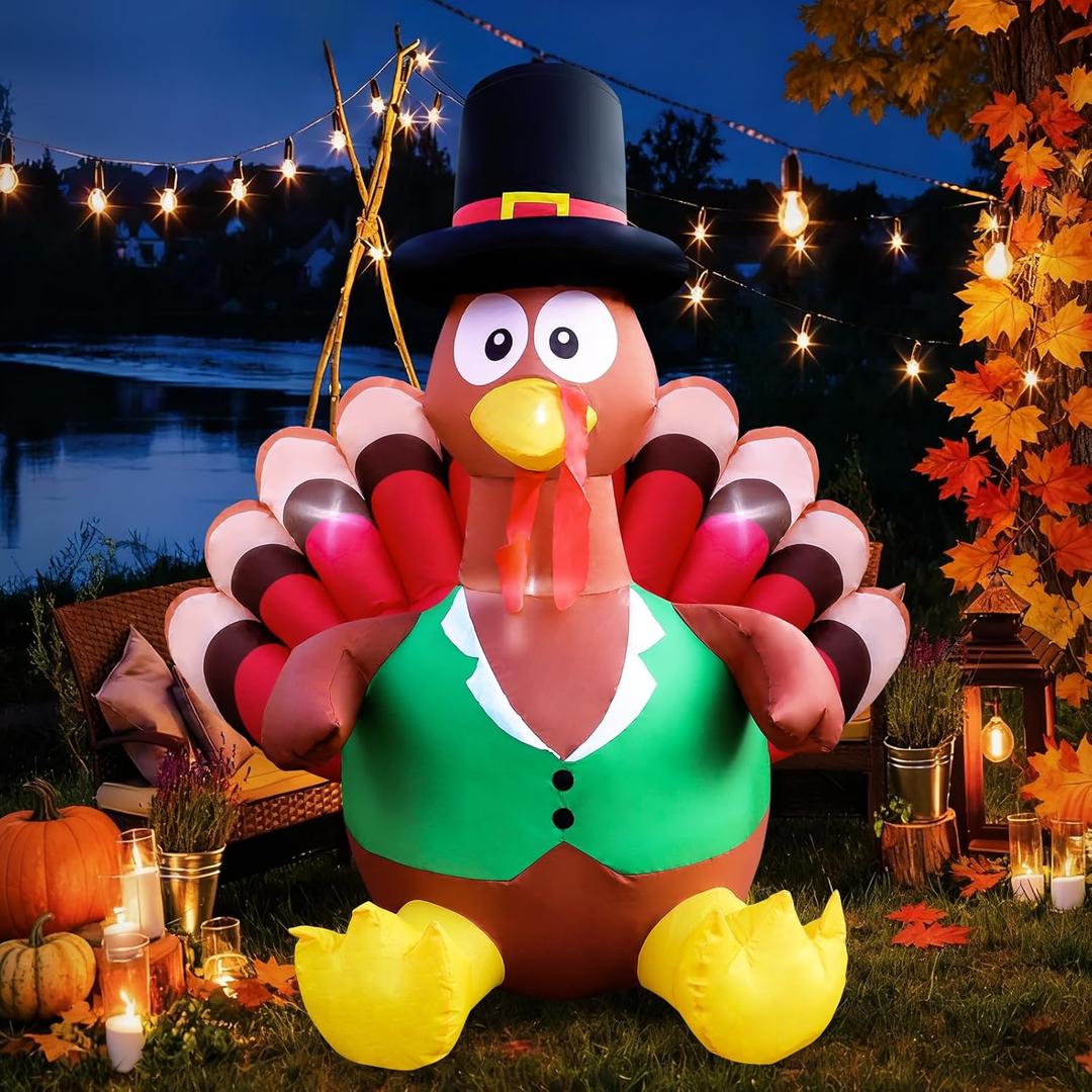 Thanksgiving Inflatable Turkey Outdoor, 4.2 Ft Blow Up Turkey Inflatable Decorations with Built-in LED Lights & Pilgrim Hat, Thanksgiving Turkey Fall Inflatable for Yard Lawn Garden Outside