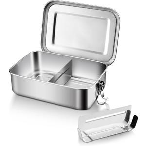 E-far Stainless Steel Bento Box, Medium 850ml Metal Bento Lunch Box Container, 28oz Leak-Proof Lunch Container with Lids and 2 Removable Dividers, Reusable Meal Storage for Camping Picnic Travel Work
