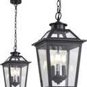 Large Outdoor Pendant Light Fixtures 3-Light Black Exterior Hanging Lantern with Clear Glass Outside Chandelier for Porch Front Door House, 9.45 inches x 9.45 inches x 17.1 inches