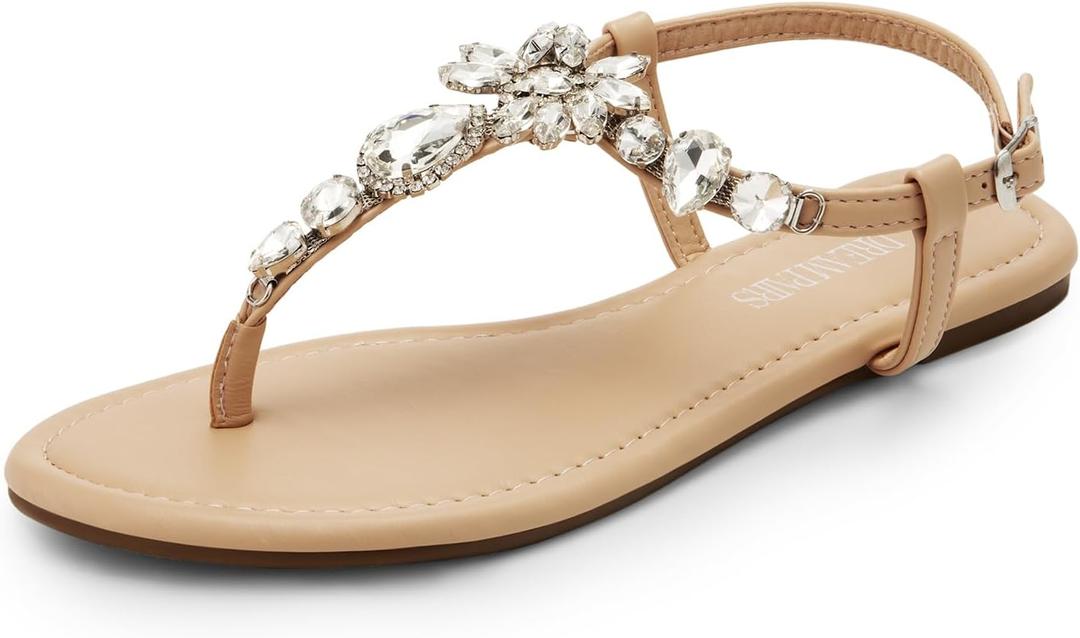 DREAM PAIRS Flat Sandals for Women Dressy Rhinestone T-Strap Thong Flat Sandals for Summers Dress Beach (9, Nude)