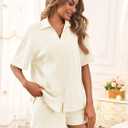 Tankaneo Womens Ribbed Knit 2 Piece Pajama Sets Button Down Short Sleeve Tops and Shorts Set Summer Casual Loungewear (Small, Beige)