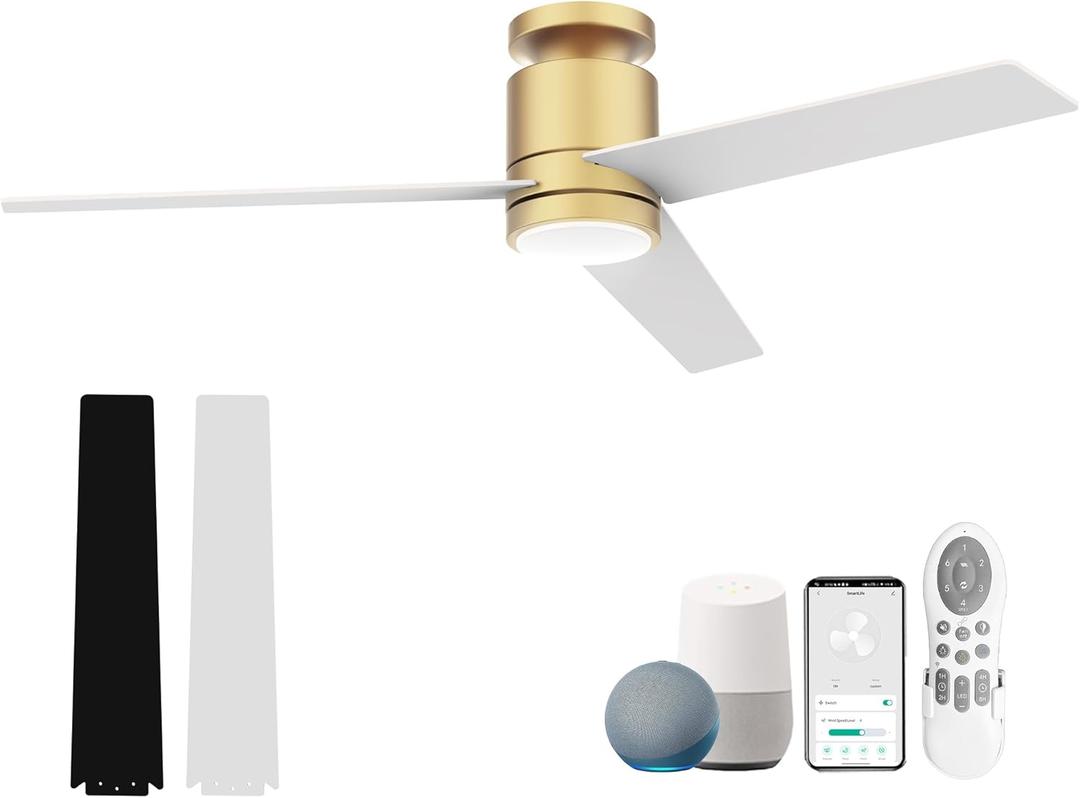 52 Smart Flush Mount Ceiling Fans with Lights Remote,Quiet DC Motor,Outdoor Indoor Low Profile Ceiling Fan,Voice Control via WiFi Alexa App,Modern Gold and White Black Fan for Bedroom Patio (Gold& White Black)