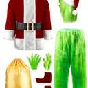 PrettyFirst Halloween Costumes Adult, Green Costume 8PCS Christmas Funny Santa Claus Costume for Men Cosplay With Mask no size