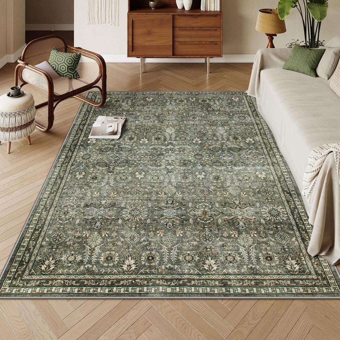 Lahome Sage Green Area Rug 6x9, Machine Washable Rugs for Living Room, Boho Vintage Soft Bedroom Carpet for Dining Room Nursery Apartment Office, Dark Green