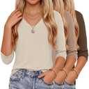 YooAurvox 3 Pack Girl's 3/4 Sleeve T-Shirts Soft V Neck Tops Loose Fit Shirts Basic Lightweight Blouses Cute Summer Tees(Brown, Khaki, Apricot,13-14 Years)