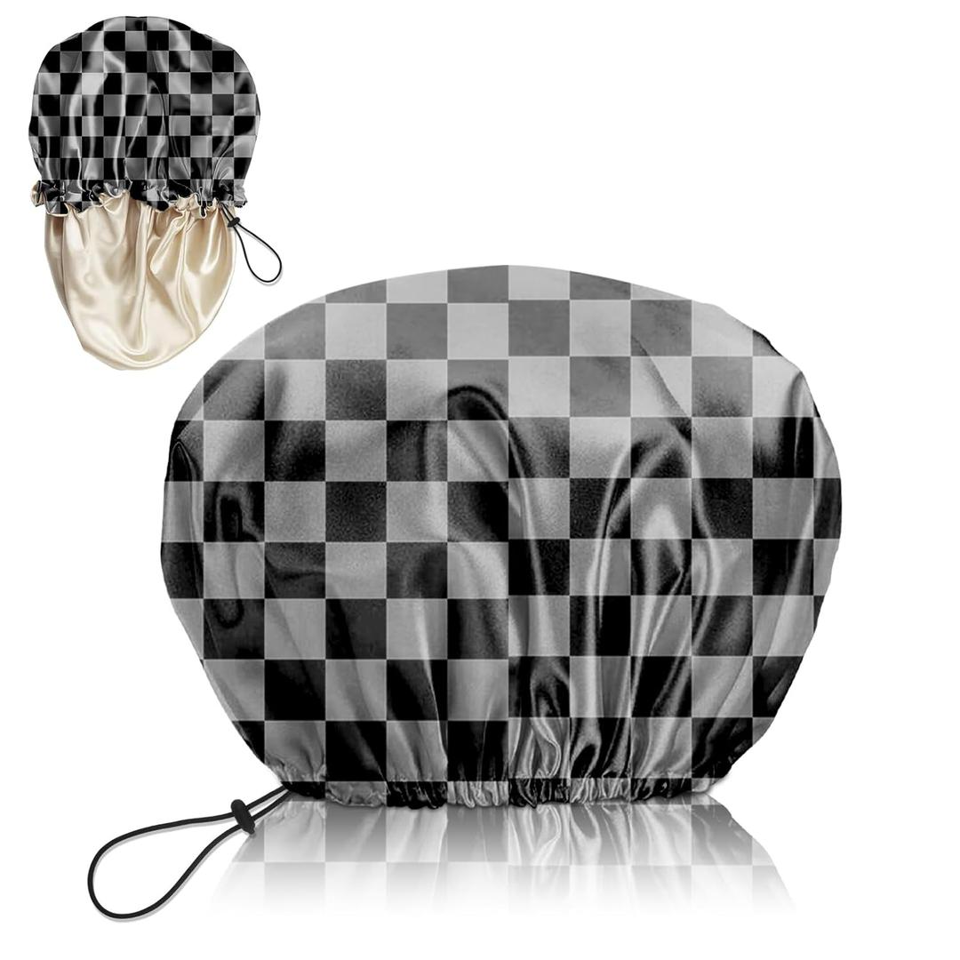 Luxury Shower Cap Silk Satin Lined Waterproof Reusable Adjustable Elastic Dry Hair Bathing Caps Cute for Women Girls-Black Grey Checkered