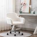 KCC Faux Fur Vanity Makeup Desk Chair, Comfy Fluffy Swivel Modern Leisure Armchair with Wheels, Upholstered Fuzzy Height Adjustable for Teens Women Girls Elegant Home Office, B-Type White