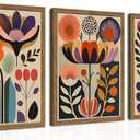 Framed Colorful Floral Wall Art Set of 3, Abstract Scandinavian Flower Canvas Wall Decor Paintings, Mid Century Modern Botanical Artwork Pictures Prints for Living Room Bedroom Dining Room 16x24 Inch, 24L" x 16W"