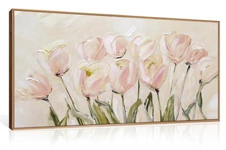 CHDITB Tulip Floral Framed Canvas Wall Art, 20"X40" Watercolor Flower Pink Tulip Textured Oil Painting, Modern Wildflower Wall Decor, Large Pink Floral Artwork for Living Room, Bedroom, Office
