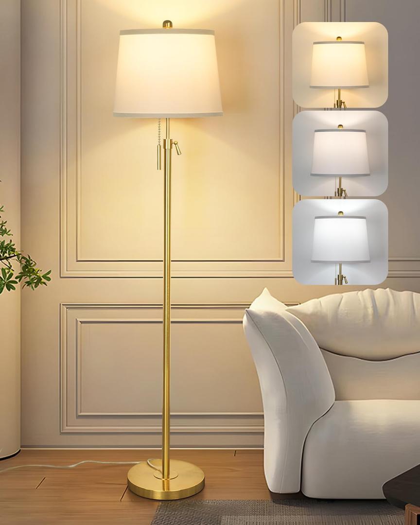 JUNNAI Gold Floor Lamp for Living Room, Tall Standing Lamp 5565" Adjustable Modern Brass Floor Lamps for Bedroom Reading Office Kids 3 Color Lights Corner Night Stand (9W LED Bulb, White Shade)