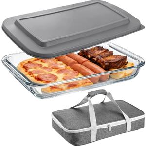 Glass Baking Dish with Lid, 9 x 13in High Borosilicate Glass Casserole with Insulated Carry Bag, Heat Resistant Food Container for Oven, Microwave, Freezer