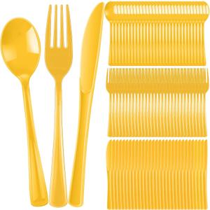 300 Pcs Plastic Silverware Heavy Duty Cutlery Set Plastic Utensils Set Includes 100 Disposable Spoons 100 Forks Knives for Parties Catering Family Gathering (Yellow)