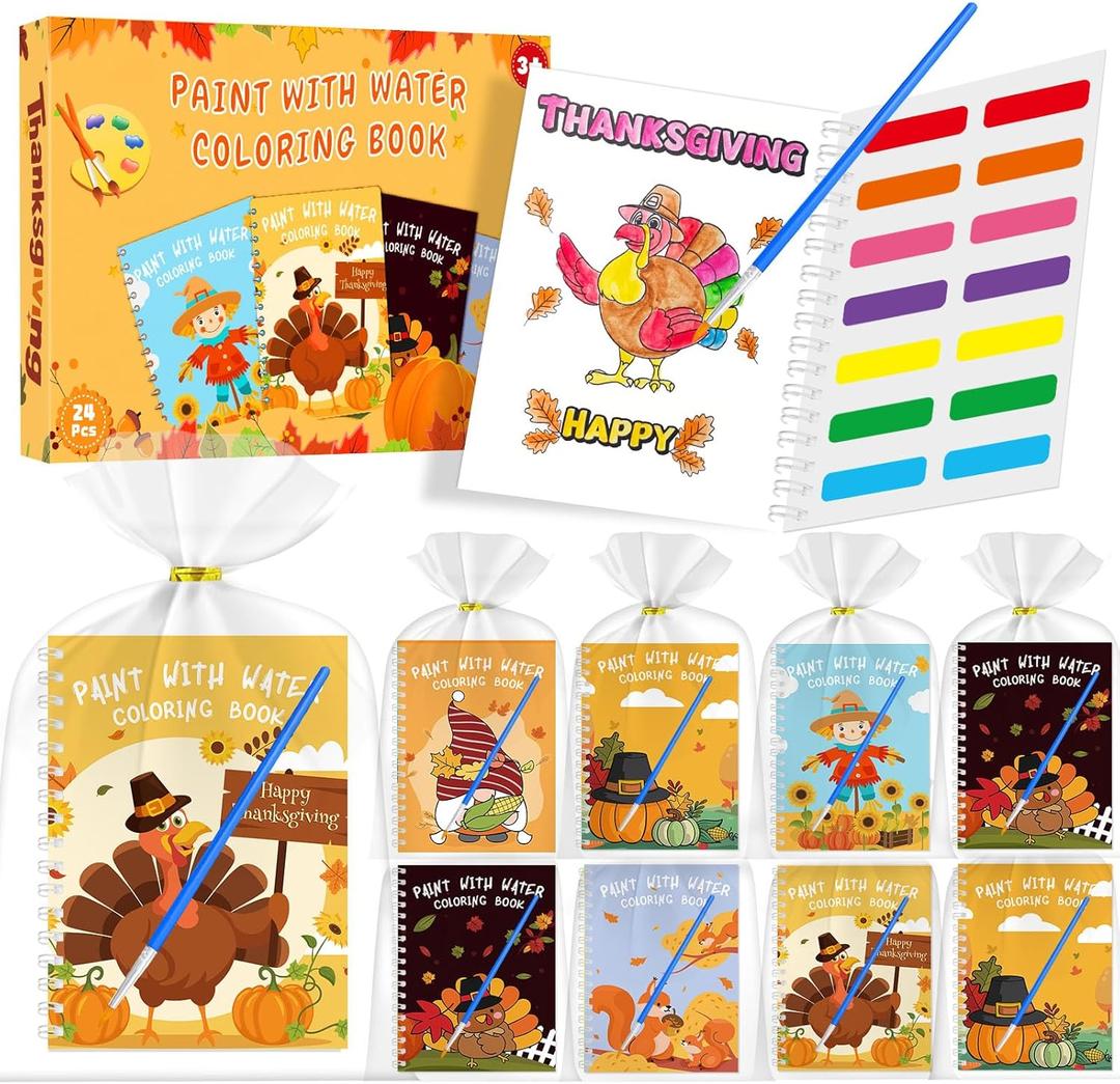 24 Pack Water Coloring Books Thanksgiving Party Favors, Mini Coloring Books Bulk for Kids Goodie Bag Stuffers Students Classroom Prizes Fall Festival Thanksgiving Crafts Toys Gifts