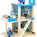 Wooden Police Station Playset Toy, Multicolor 3-Level Pretend Play Dollhouse Set with Figures, Car, Helicopter and Accessories, Preschool Learning Educational Toys for Toddlers Kids Age 3 and up