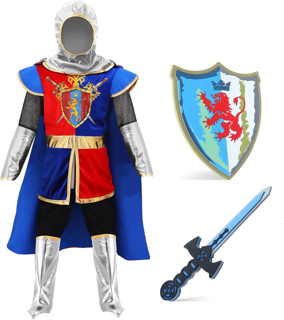 G.C Kids Knight Costume Toddler Boy Dress Up Clothes Medieval Costumes with Cape Toys Accessories Halloween Cosplay Gifts (130 (7-8 Years))