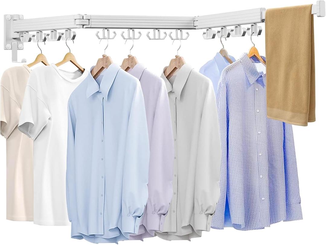 Kelisiting Wall Mounted Clothes Drying Rack, Laundry Drying Rack Wall Mount, 3Fold Drying Rack Clothing, Foldable Clothes Drying Rack with 12 Dual Hooks Organization for Laundry Room Indoor  White