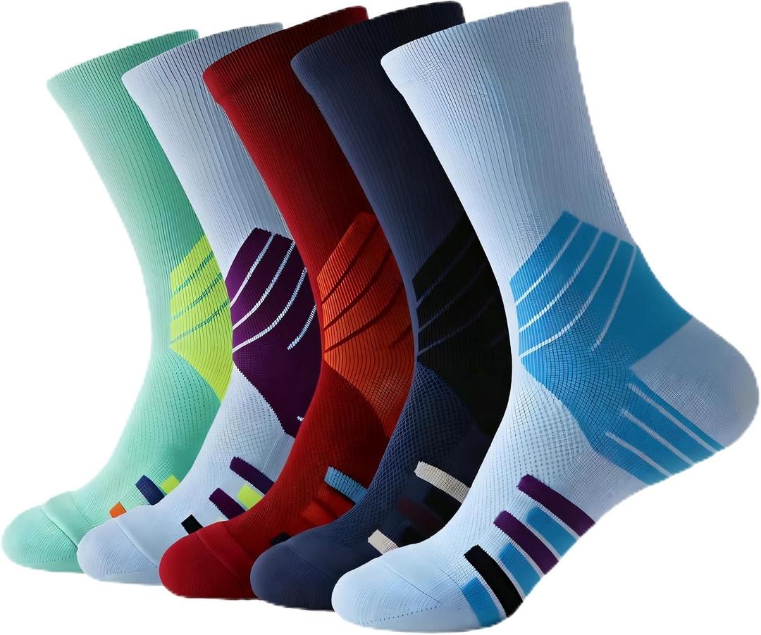 Men's Athletic Socks 5 Pack, Arch Support Breathable Cushioned Running Crew Sock for Basketball Gym Hiking,Size 6-11.5