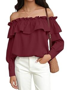 Prettywear Women's Sexy Off Shoulder Tops Long Sleeve Ruffle Blouse Flowy Going Out Shirt Oversized (Burgundy, XL)