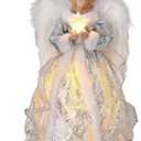 WIOR 12Inch Angel Christmas Tree Topper with White Feather Wings, Led Lighted Xmas Tree Topper Angel Figurine Ornament Christmas Tree Decorations for Home Holiday Party Wedding Christmas Decor, Silver
