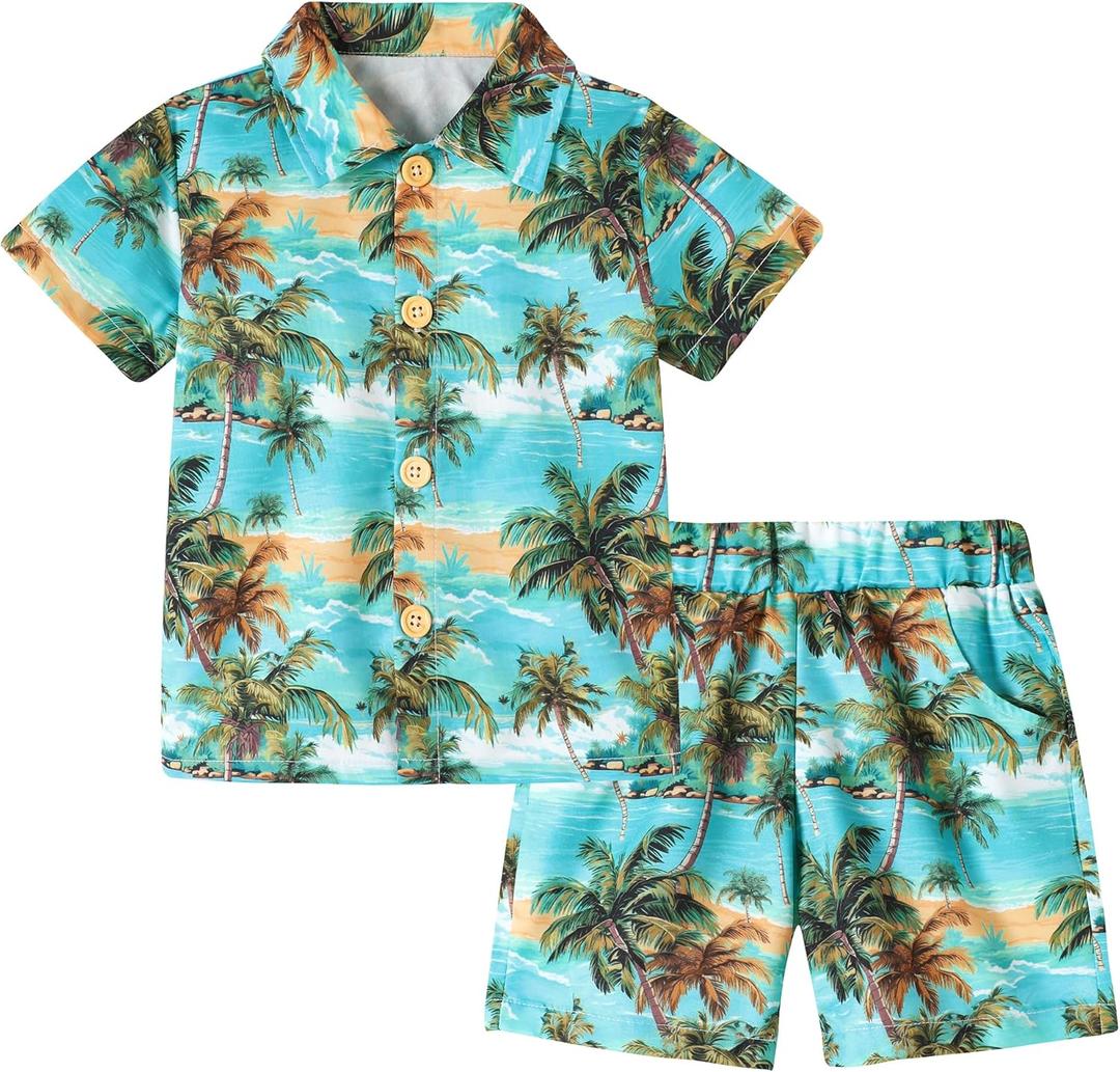 ZOEREA Toddler Baby Boy Clothes Hawaiian Outfit Shorts Sets Printed Button Down Shirt and Shorts Summer Beach Clothes -5T (Blue-palm)