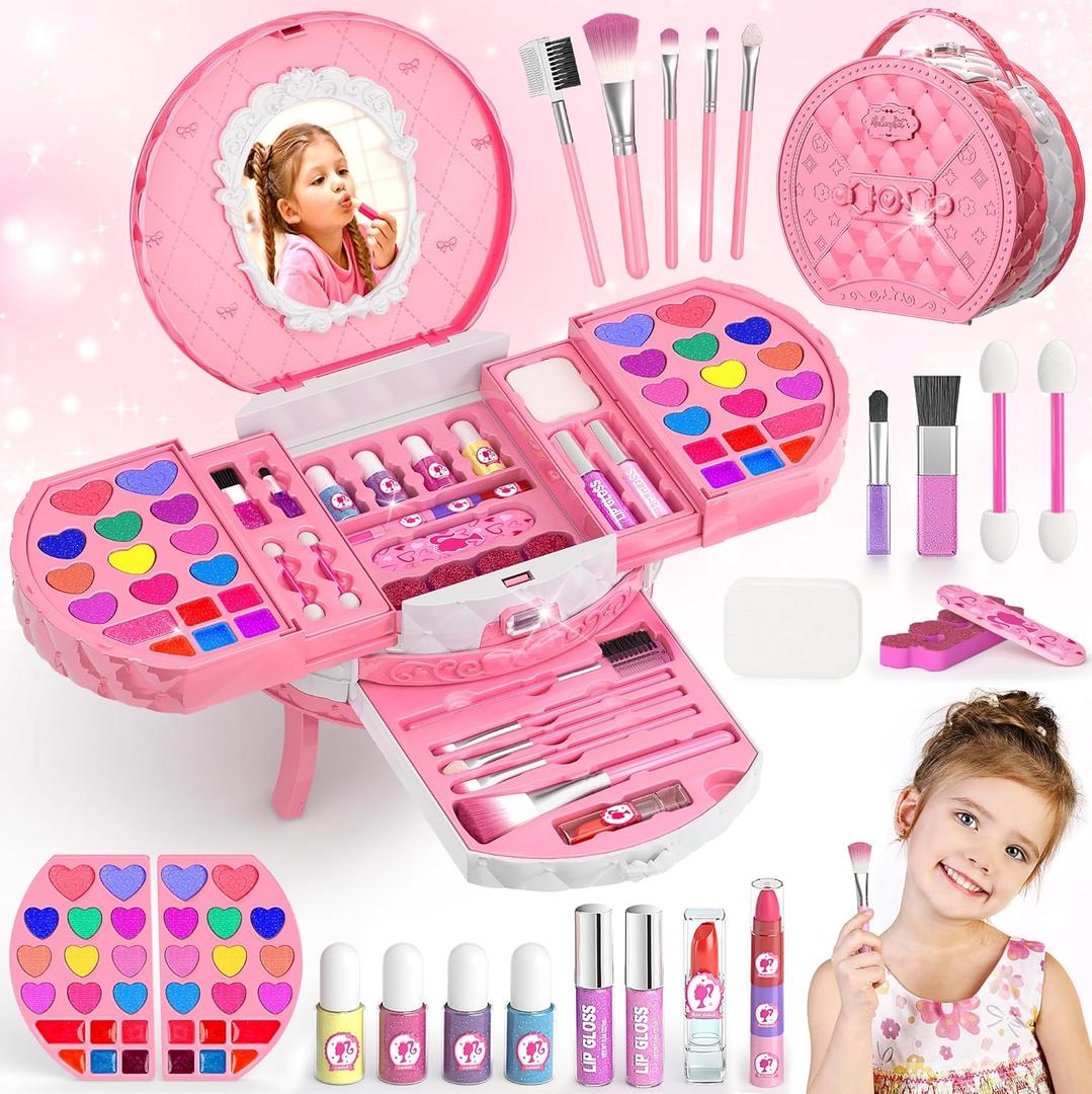 PERRYHOME Kids Makeup Kit for Girl, 59 Pcs Washable Real Cosmetic Set with Mirror, Non-Toxic Kids Makeup Set, Toddler Nail Polish Kit, Princess Makeup Toys & Birthday Gifts for 3-12 Years Old (Pink)