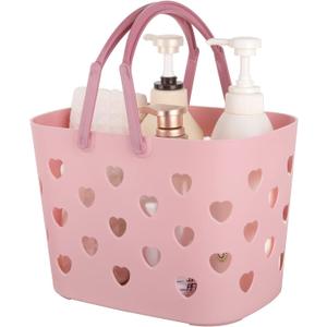Portable Shower Caddy Tote Plastic Storage Basket with Handle Box Organizer Bin for Bathroom, Pantry, Kitchen, College Dorm, Garage - Pink