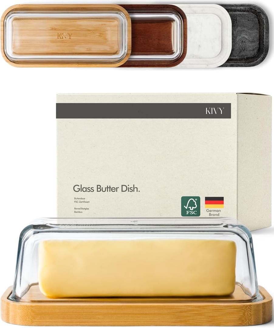 KIVY Glass butter dish with airtight lid that keeps butter soft - For countertop and refrigerator door shelf - Butter tray fridge - Butter holder for counter - Covered butter dishes with lid