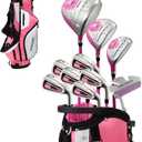 Precise M5 Womens Golf Clubs Full Set, Titanium Driver, S.S. Fairway, S.S. Hybrid, S.S. 5-PW Irons, Putter, Stand Bag, 3 H/C's, Golf Clubs Women Right Handed, Pink