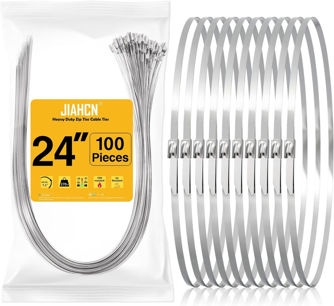 100PCS Metal Cable Zip Ties Heavy Duty 24 Inch Long Stainless Steel ZipTies 270LBS Tensile Strength Steel Wire Ties Multi-Purpose Self-Locking Metal Wrap Ties for Indoor and Outdoor