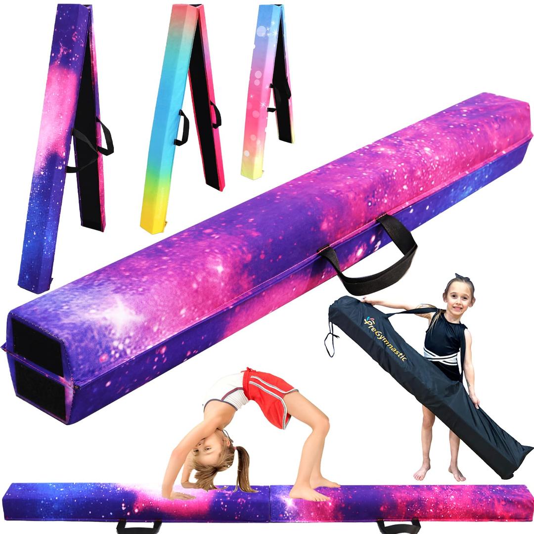 PreGymnastic 9.5FT Folding Balance Beam for Kids Ages 3-12, Foldable Gymnastics Floor Beam-Extra Firm Suede Cover with Carrying Bag for Home-Gym Equipment for Toddler Teenager