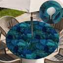 Round Outdoor Tablecloth with Zipper and Umbrella Hole, Fitted Table Cloth with Elastic, Oil Waterproof Tablecover for Patio Picnic Camping Garden Fits 32"-36" Round Table, Palm Tree