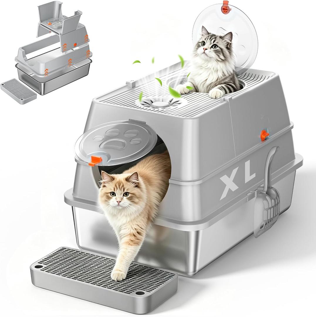 XL Stainless Steel Litter Box with Lid, Flip-Top Hood, Gray