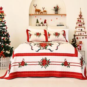 Cmfshape Christmas Bedspread King Size,Red Lightweight Quilt Set 3Pcs,Christmas Floral Pattern Bedding,Reversible Coverlet for All Season,Home Decoration for New Year (Red,King106 x96)