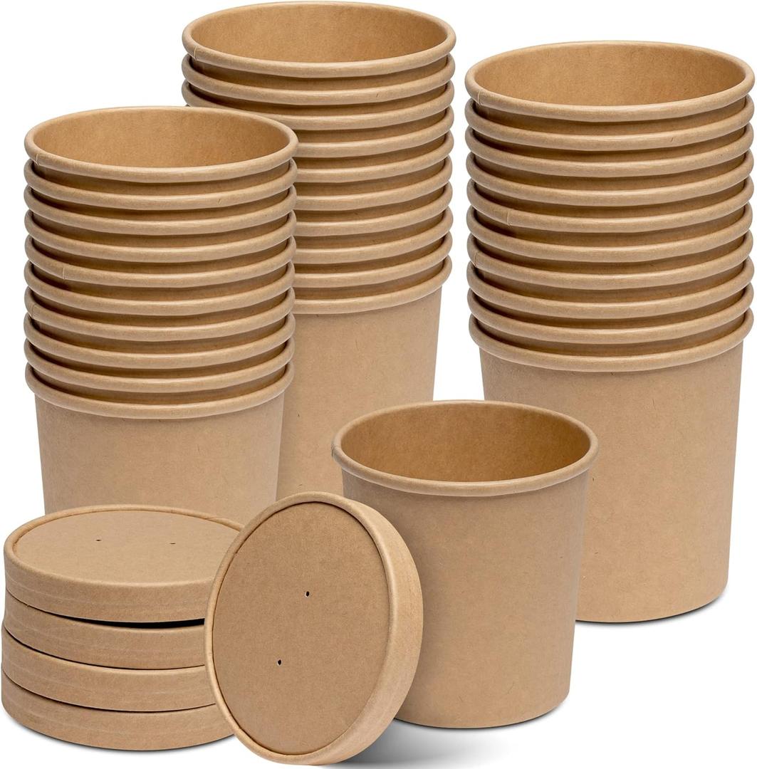 GUSTO 16 oz. Kraft Paper Food Containers with Vented Lids - [25 Count] To Go Hot Soup Bowls, Disposable Ice Cream Cups, Ideal for Hot and Cold Foods - (Formerly Comfy Package)