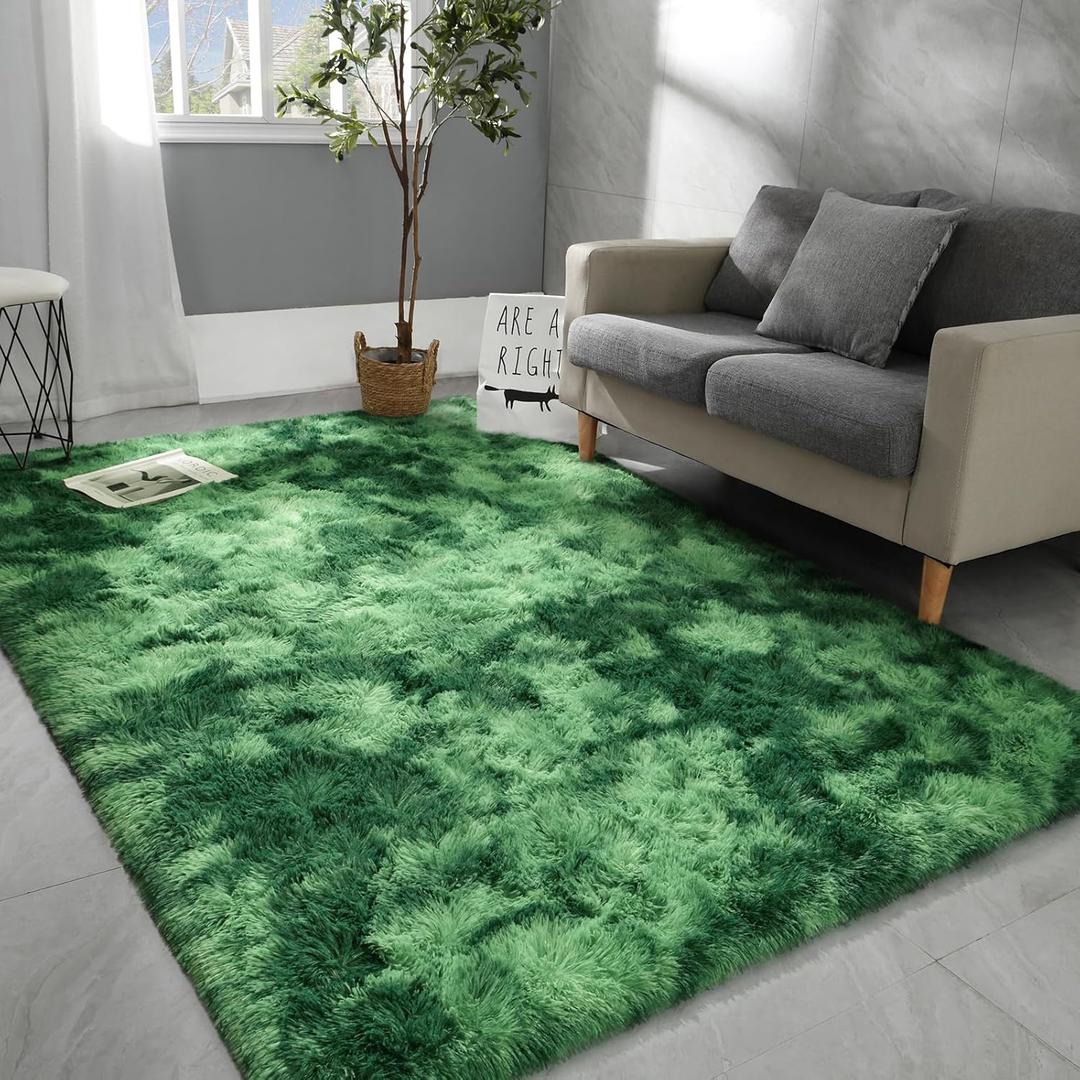 Hutha 9x12 Large Area Rugs for Living Room, Super Soft Fluffy Modern Bedroom Rug, Tie-Dyed Green Indoor Shag Fuzzy Carpets for Girls Kids Nursery Room Home Decor