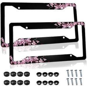 Cherry Blossom License Plate Frame Pink License Plate Cover Funny Auto Accessory Bracket Aluminum Metal Black License Plate Frames for Women Men (Set of 2, 12.3" x 6.3")