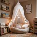 LOAOL Bed Canopy with Pom Pom Kids Reading Nook Hanging Tent (White)