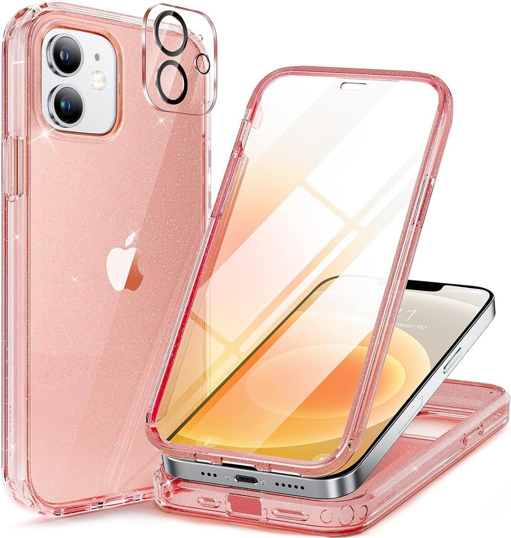 Miracase Glass Series for iPhone 12/12 Pro - Full-Body Rugged Protective Case with Built-in 9H Tempered Glass Screen Protector and Camera Lens Protector - Glitter Rose