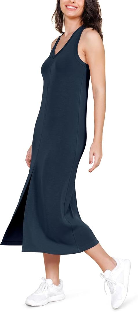 ODODOS Modal Soft Front Split Midi Dress for Women, V Neck Sleeveless Casual Summer Tank Dress, Navy, Large (L)