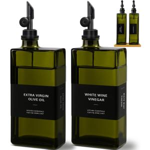 Olive Oil Dispenser Bottle for Kitchen with Bamboo Tray- 16.9oz Glass Oil and Vinegar Dispenser Set, Soy Sauce & Syrup Bottle, Modern Hostess Gift (Green, Set of 2)