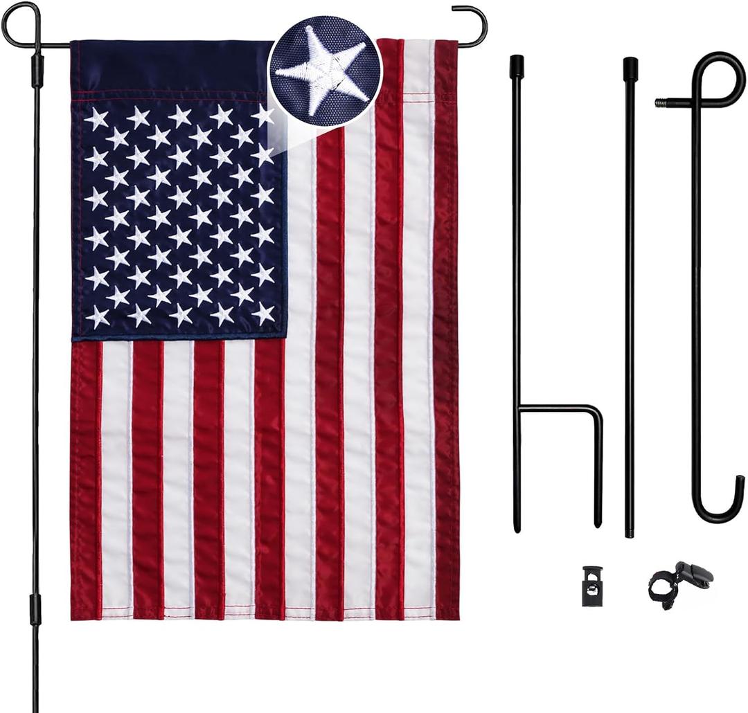 AMZFLAG American Garden Flag with Stand Holder Set for Outside Yard Patriotic 12x18 Inch Small US USA Flags for Garden Metal 32 Inch Stand Holder Included