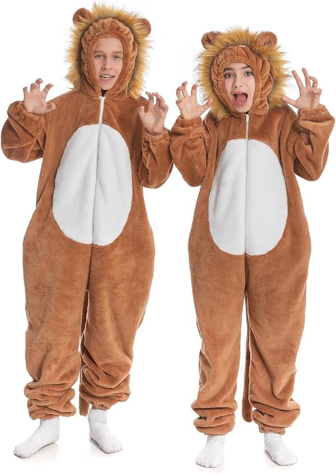 Lion Onesie Kids, Lioness Costume Pajamas Toddler Boys Girls, Wild Animal Blanket Hoodie Pjs Halloween Christmas Cosplay Child 7-8 Brown

 M/7-8
