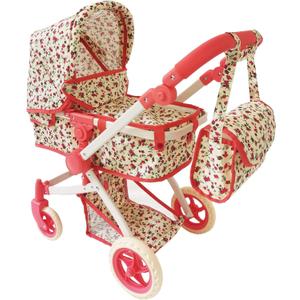Convertible Combo Baby Doll Stroller for 3 Year Old Girls & Up | Play Toy Baby Stroller for Dolls, Folding Adjustable Bassinet Carriage Buggy with Storage Basket Converts to Sit Up Pushcart Pram, Red (Floral)