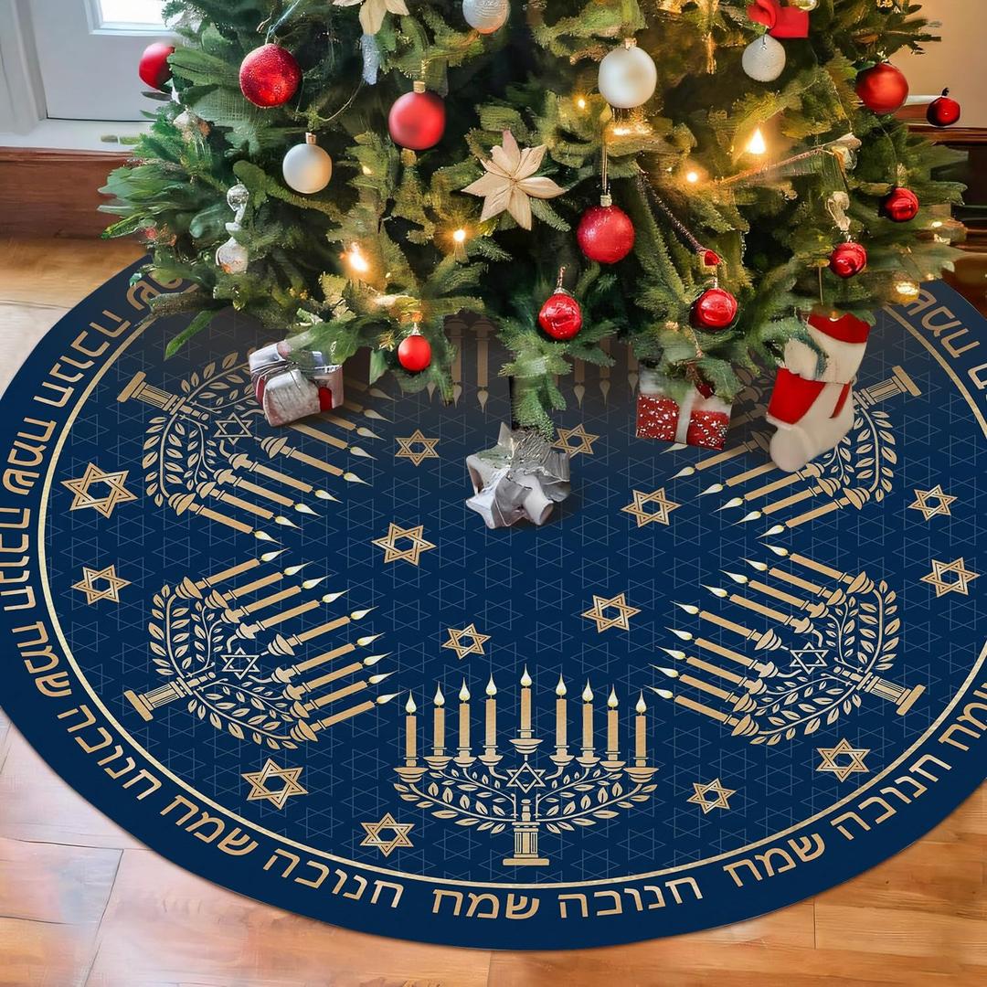 Blue Hanukkah Christmas Tree Skirt 36in, Happy Hanukkah Tree Ornament Decor for Gold Candlestick Stars Christmas Tree Mat, Chanukah Decorations for Home New Year Holiday Party