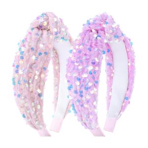 Sequin Knotted Headbands - Sparkly Pink Glitter Velvet Hair Accessories for Girls, Kids 2Pcs (1-Pink Purple)