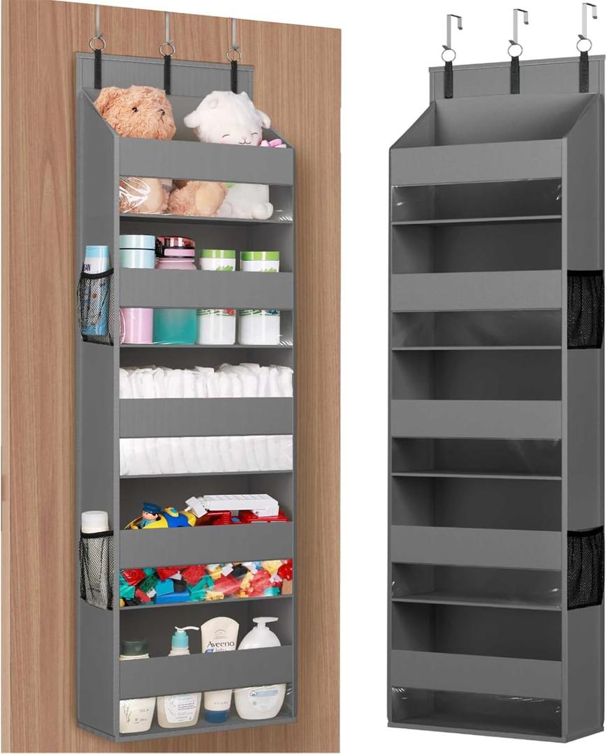 Lifewit 1 Pack Over the Door Organizer, 5 Shelf Clear Window Hanging Storage with 4 Mesh Side Pockets, Anti-Tilt 40 lbs Load Behind Door for Pantry, Nursery, Bathroom, Bedroom, Kitchen, Dorm, Grey  