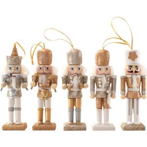 Christmas Nutcracker Ornaments Set, Wooden Christmas Nutcracker Soldier Figures Decorative Collectible Nutcracker 5 Inch Mini Nutcracker Figurines Christmas Tree Hanging Decorations, 5pcs Bling Gold