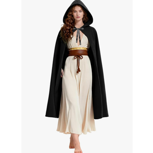 Renaissance Hooded Cloak Cape Retro Medieval Viking Robe with Necklace Halloween Cosplay Costume for Adult Black