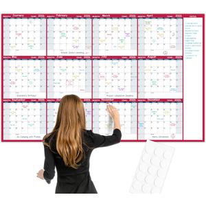 Large Dry Erase Calendar for Wall Yearly Wall Calendar Dry Erase, 58" x 37", 12-Month Undated Blank Calendar Planner, Reusable Laminated Wall Calendar, 15 Round Stickers, Perfect for Home, Office and School - Blue With Red