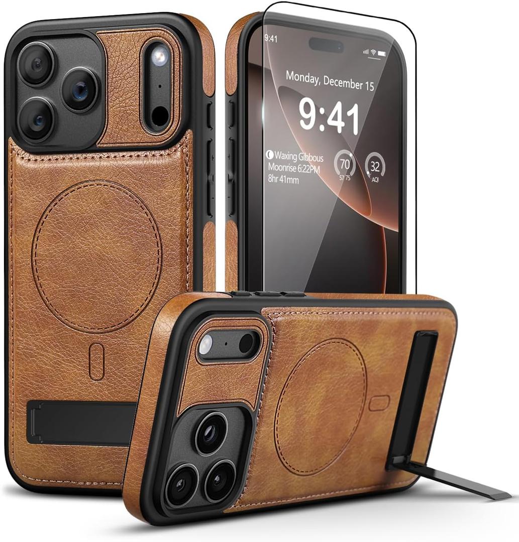 Magnetic for iPhone 17 Pro Max Leather Case with Stand, [Compatible with Magsafe] Protective Slim Kickstand Phone Cover for iPhone 17 Pro Max，Brown